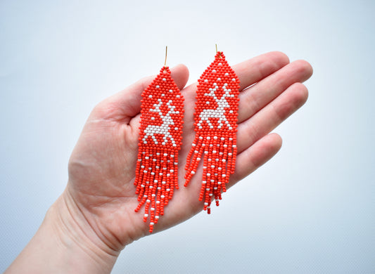 Deer beaded earrings. Length (*without hooks) - 11.2 cm (4.4 inches). Width - 2.7 cm (1 inches).