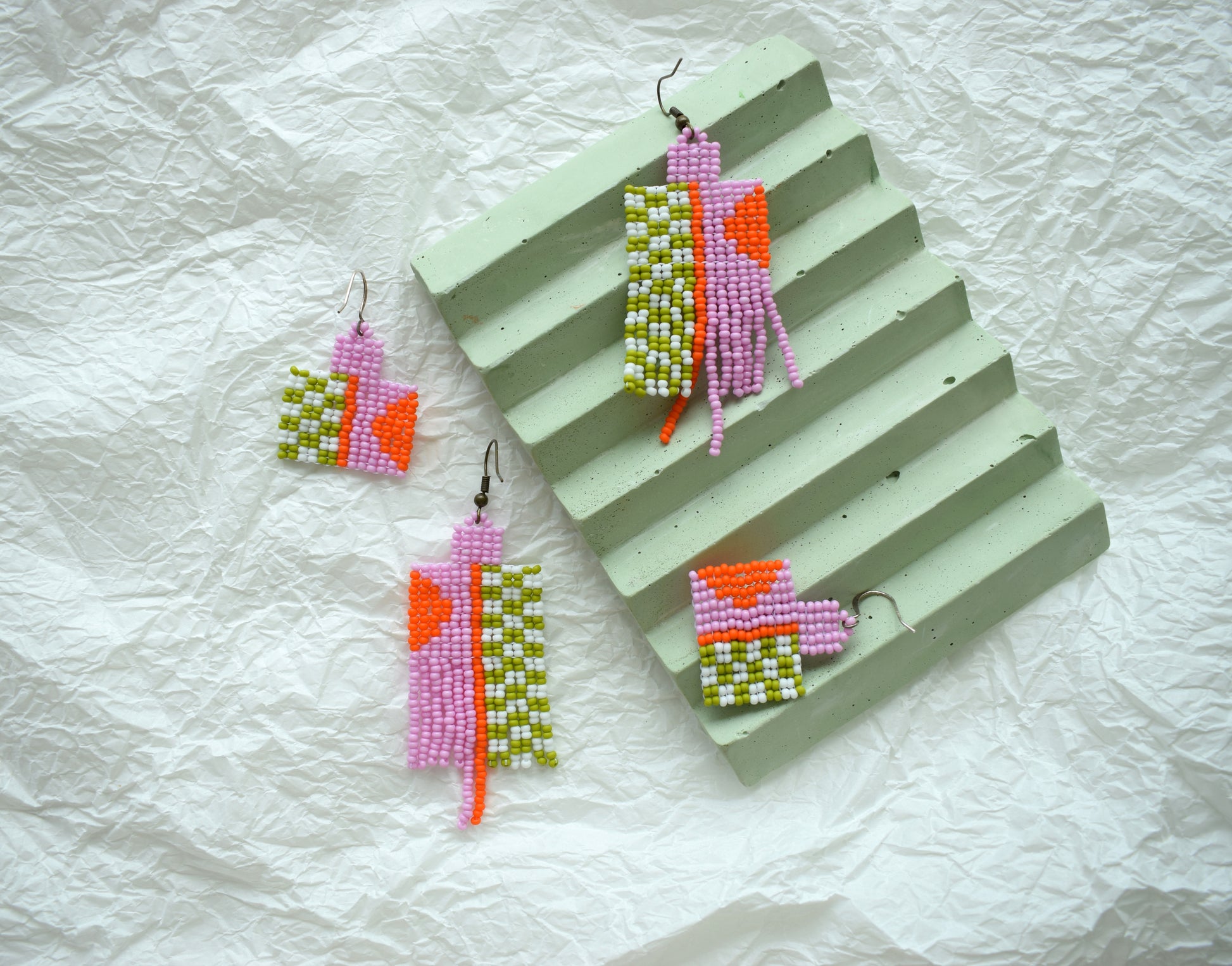 Pink, olive and orange beaded earrings. Without fringe - length with hooks - 4.5 cm (1.5 inches); width - 3 cm (1.1 inches). With fringe - length with hooks - 5.5 cm (3.3 inches); width - 3 cm (1.1 inches).