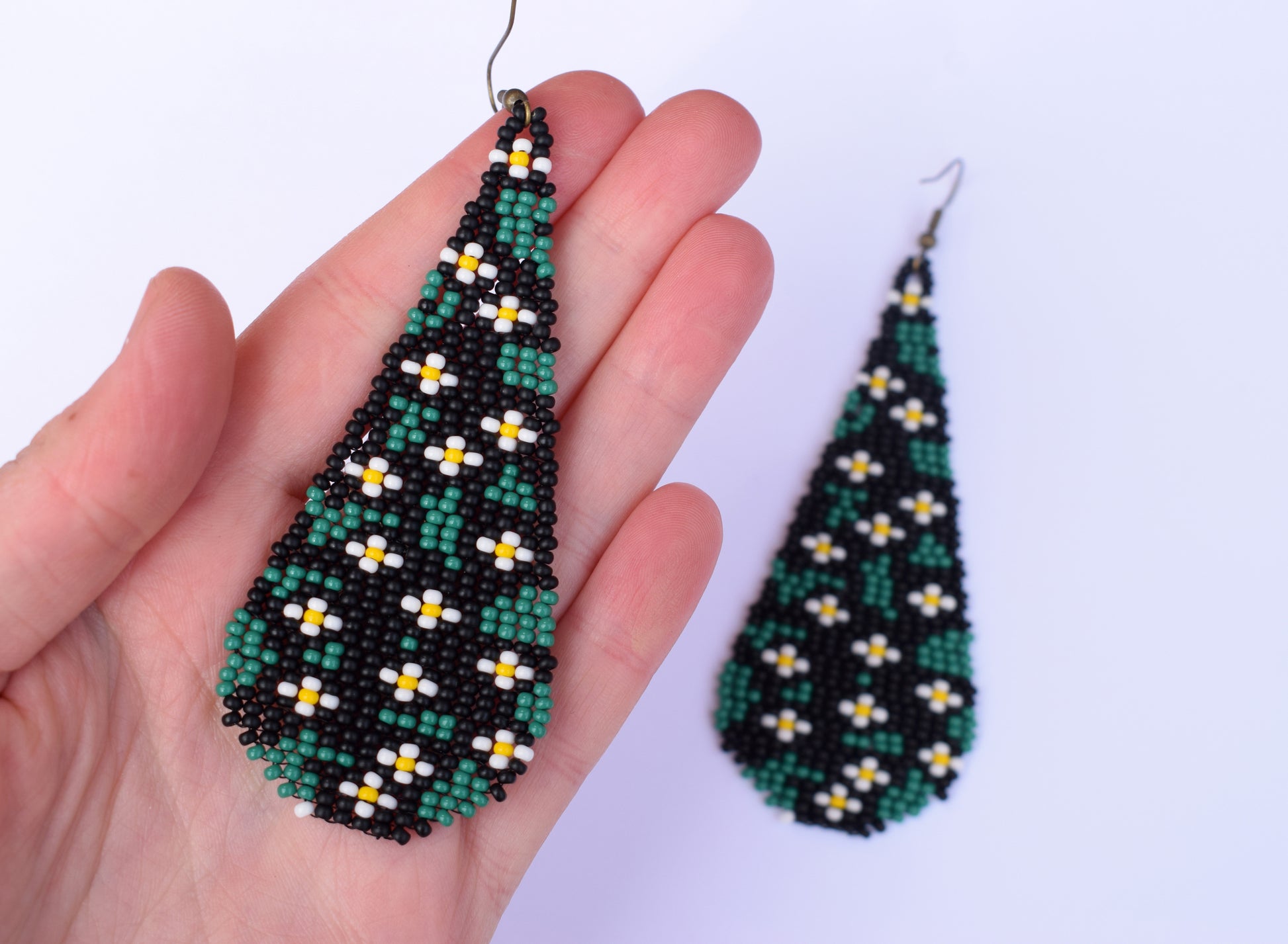 Chamomile beaded earrings Teardrop earrings