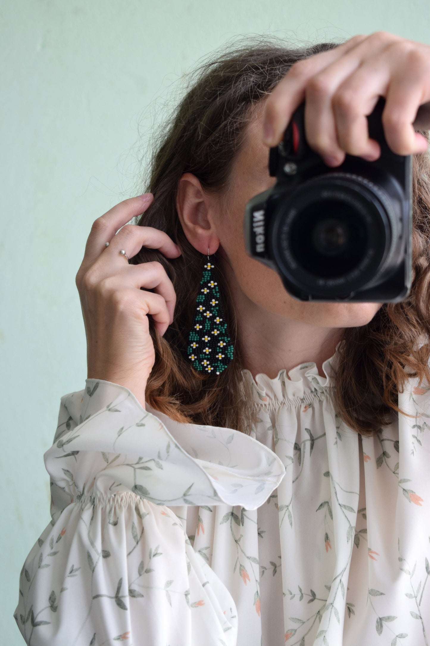 Chamomile beaded earrings Teardrop earrings