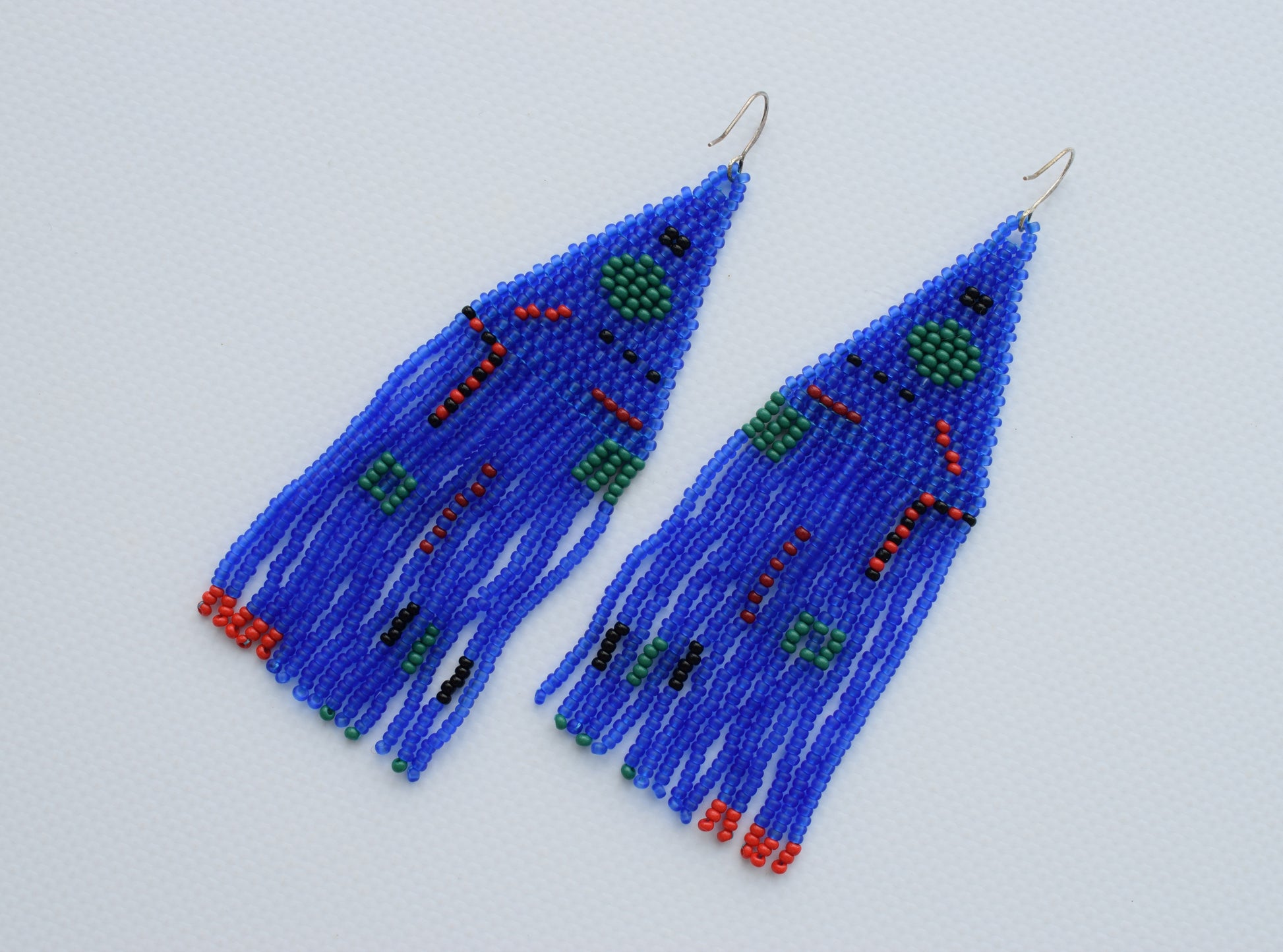 These are navy blue geometric beaded earrings. These beaded earrings are made of high-quality Czech beads. These earrings are long, delicate, colorful, fashionable and highly versatile, suitable for everyday wear.  Length (*with hooks) - 11 cm (4.3 inches). Width - 3.5 cm (1.3 inches)  If you have any questions just write me a message. I am always in touch and reply asap!