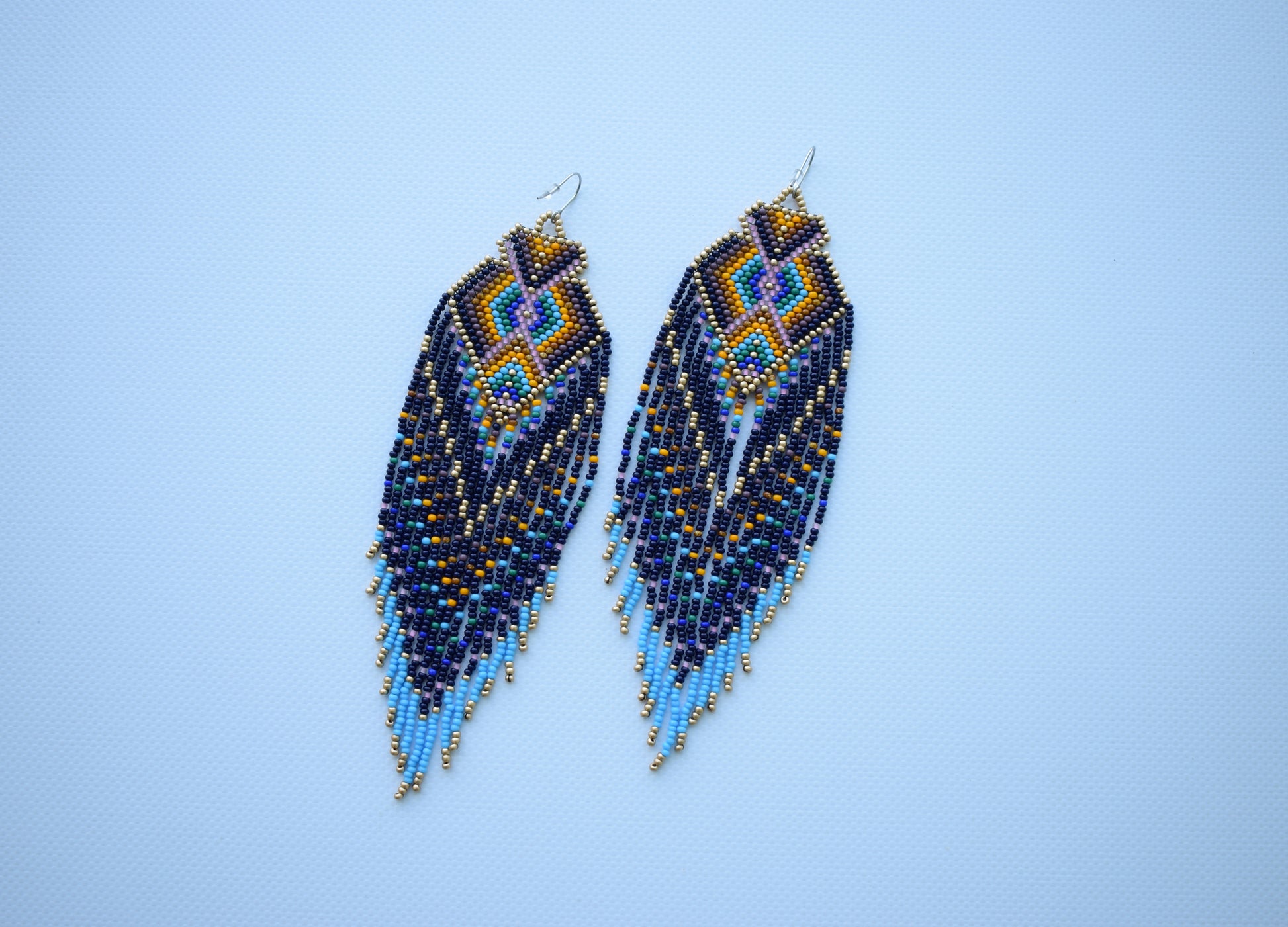 Navy blue beaded earrings in native american style. Hooks are hypoallergenic. Made of high-quality Czech beads. Length (*with hooks) - 16.5 cm (6.4 inches). Width - 4.3 cm (1.6 inches).  Shipping to the USA, Canada, United Kingdom, Japan, Israel, Singapore - from the fullfilment center in Miami (USA). Shipping to other countries - from Ukraine.  Author's design (copy without my permission is prohibited). I accept custom orders, write me message please.