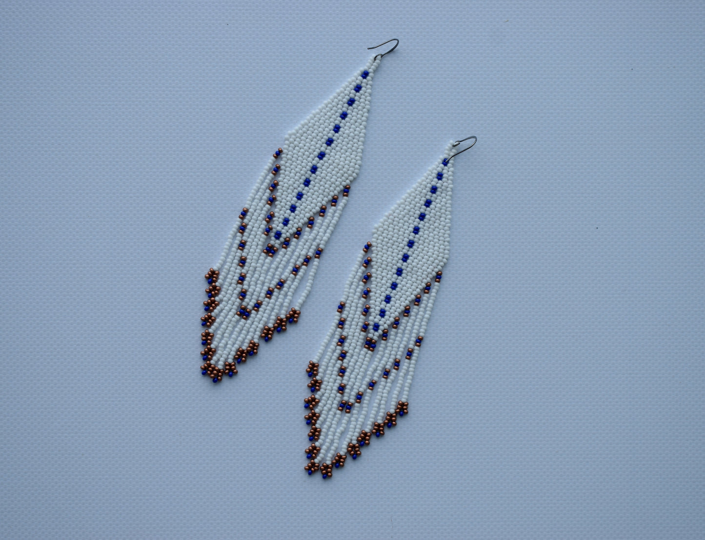 White with navy blue fringe bead earrings