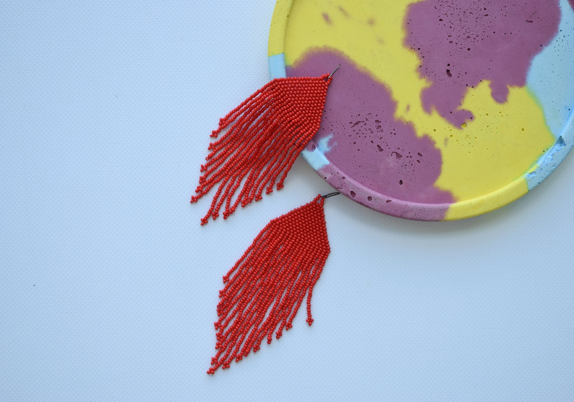 Red beaded earrings. Length (*without hooks) - 13.5 cm (5.3 inches). Width - 4 cm (1.5 inches). Hooks are hypoallergenic. Made of high-quality Czech beads.  Shipping to the USA, Canada, United Kingdom, Japan, Israel, Singapore - from the fullfilment center in Miami (USA). Shipping to other countries - from Ukraine.  Author's design (copy without my permission is prohibited). I accept custom orders, write me message please.