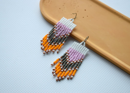 Small white, pink and orange beaded earrings. Very lightweight earrings. Length with hooks - approx. 6.6 cm (2.6 inches). Width - approx. 2 cm (0.7 inches). Hooks are hypoallergenic. Made of high-quality Czech beads.  Shipping to the USA, Canada, United Kingdom, Japan, China, Israel, Singapore - from the fullfilment center in Miami (USA). Shipping to other countries - from Ukraine.  Author's design (copy without my permission is prohibited). I accept custom orders, write me message please.