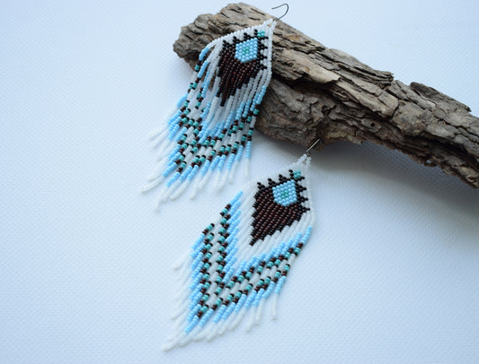 White and brown beaded earrings