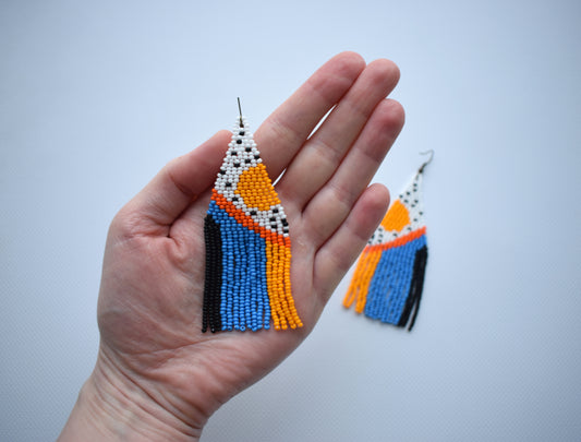 These are abstract beaded earrings. These beaded earrings are made of high-quality Czech beads. These earrings are lightweight, delicate and colorful, fashionable and highly versatile, suitable for everyday wear.  Length with hooks - approx. 9.5 cm (3.7 inches). Width - approx. 3.4 cm (1.2 inches).  If you have any questions just write me a message. I am always in touch and reply asap!