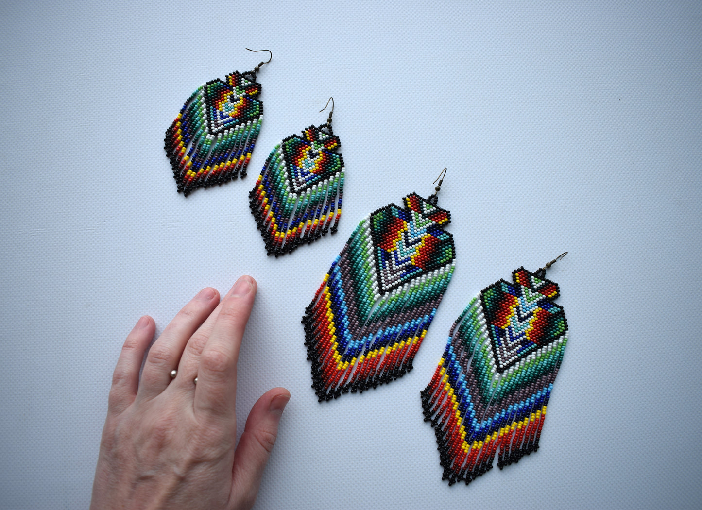 These are beaded earrings in Bohemian style. These beaded earrings are made of high-quality Czech beads. These earrings are colorful, fashionable and highly versatile, suitable for everyday wear.  Mini: length with hooks - approx. 9.5 cm (3.7 inches); width - approx. 4 cm (1.5 inches). Maxi: length (*with hooks) - approx. 14.5 cm (5.7 inches); width - 5.5 cm (2.1 inches).  If you have any questions just write me a message. I am always in touch and reply asap!