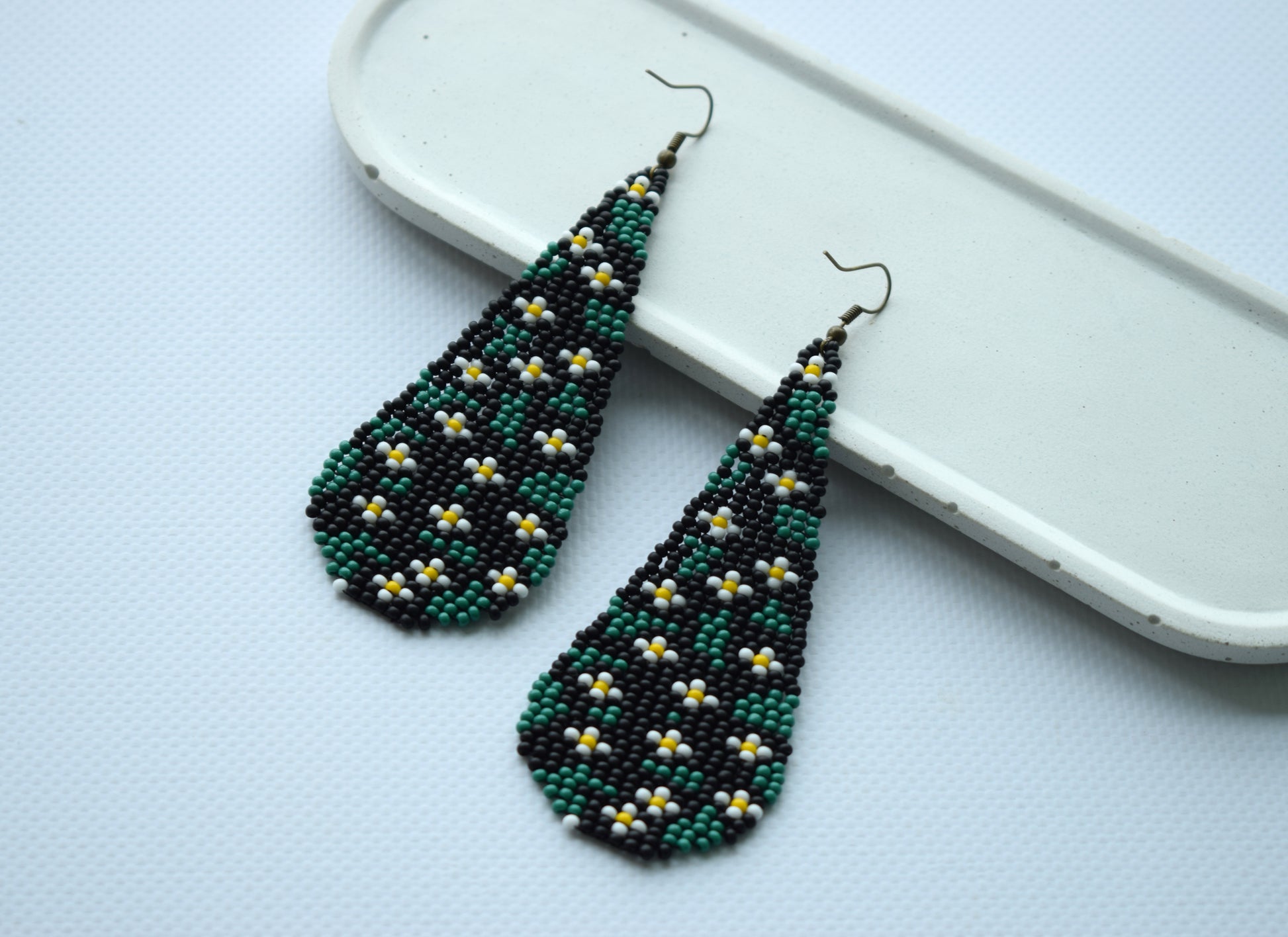 Chamomile beaded earrings Teardrop earrings