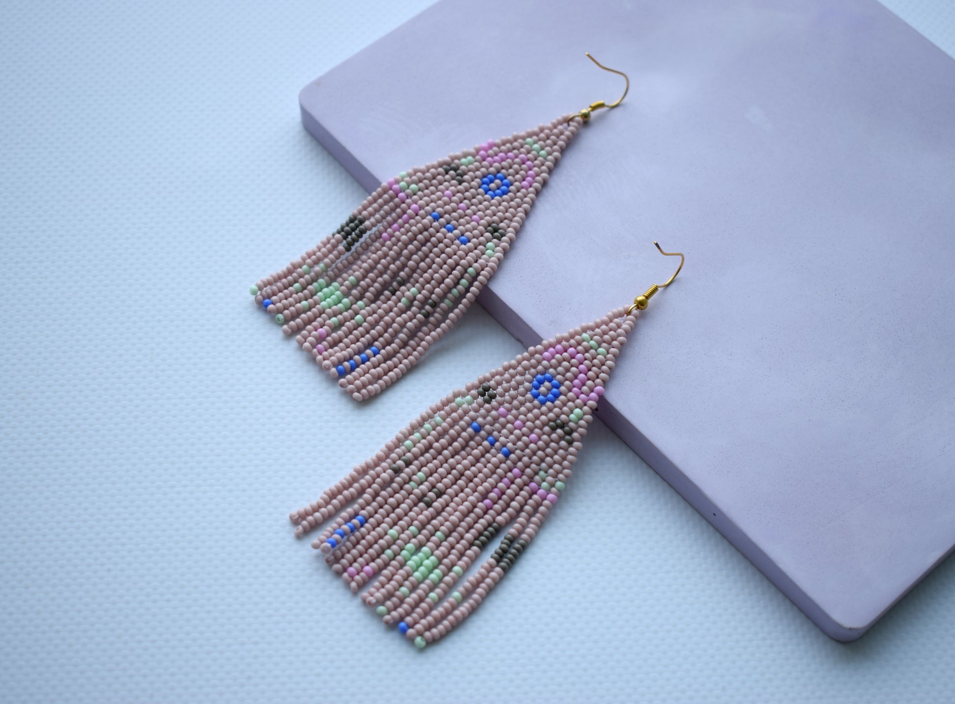 These are geometric beaded earrings. These beaded earrings are made of high-quality Czech beads. These earrings are long, delicate, fashionable and highly versatile, suitable for everyday wear.  Length (*with hooks) - 10 cm (3.9 inches). Width - 3.5 cm (1.3 inches).  If you have any questions just write me a message. I am always in touch and reply asap!