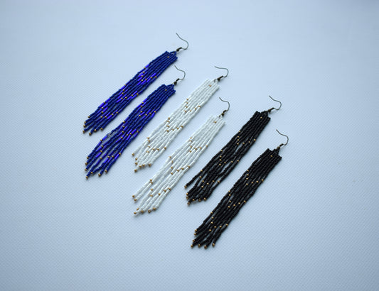 These are white, navy blue and black beaded earrings. These beaded earrings are made of high-quality Czech beads. These earrings are lightweight, bright, fashionable and highly versatile, suitable for everyday wear.  Length (*with hooks) - 5.5 inches (14 cm). Width - 1.5 inches (0.6 cm) If you need another size just let me know, please.  If you have any questions just write me a message. I am always in touch and reply asap!